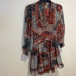 blue and red printed flowy/ruffle dress.
